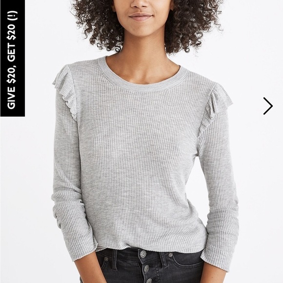 Madewell Tops - Madewell Ruffle-Sleeve Ribbed Knit Pullover Lightweight Sweater in Grey